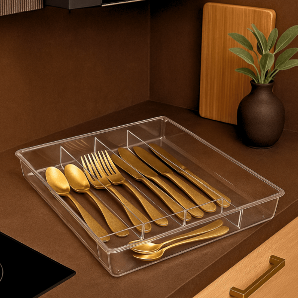 Porta Talheres Acrilico Organizador de Gavetas C/ 5 Divisorias 27x35cm Cozinha