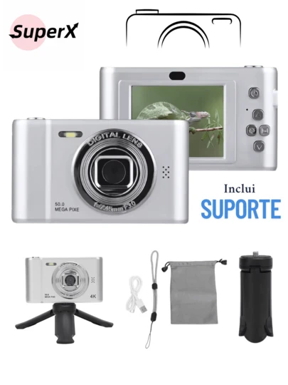 Câmera profissional com sensor CCD 4K|50MP de resolução ultra HD|Tela de 2,4 polegadas|Corpo mini portátil|Perfeita para selfies em viagens estudantis