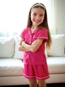 Tween Girl Pink Single-Breasted Short Sleeve Top And Shorts Pajama Set - Multicolor - View 7