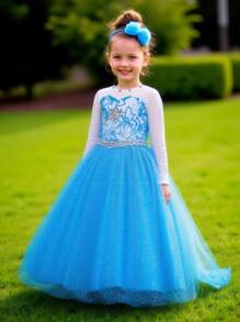 Young Girl Round Neck Long Sleeve Blue Floral Print Party Dress With Train