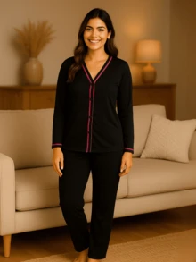 American Winter Pajamas/ Cold Weather Set/ Women's Pajamas With Buttons/ Long Front Opening Pajamas/ Cold Weather Pajamas With Buttons - màu đen - Xem 1