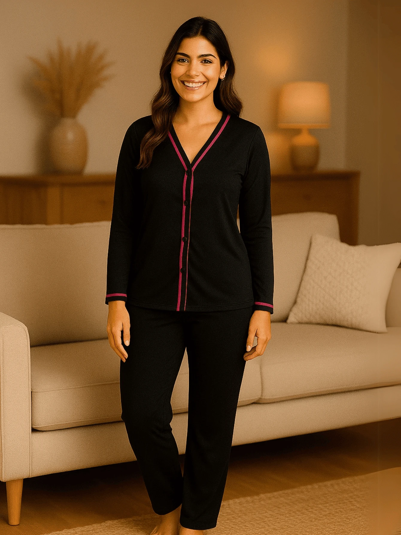 American Winter Pajamas/ Cold Weather Set/ Women's Pajamas With Buttons/ Long Front Opening Pajamas/ Cold Weather Pajamas With Buttons - màu đen - Xem 1