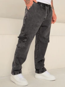 Men's Wide Leg Cargo Jeans And Twill Skate Pants Khaki 6 Pockets Drawstring Closure Unisex - Xám - Xem 4