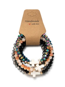 6pcs/Set Fashion Turquoise Cross & Crystal Elastic String Bracelet Set, Suitable For Daily Wear For Women (Note: Turquoise Color May Vary) - Multicolor - View 4