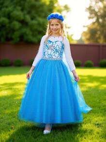 Young Girl Round Neck Long Sleeve Blue Floral Print Party Dress With Train