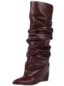 Y2K Style Women's Fold Over Boots Slouch Knee High Boots For Women Wedge Heel Pointed Toe Tall Boot, Wide Calf, Pull-On Shark Boots - Màu Đỏ Sâu - Xem 7