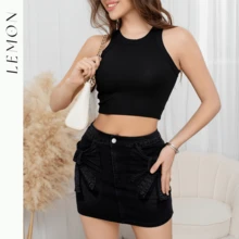 Minifalda de estilo único y moderno  Liso    Bohemio  Casual  Sexy  Dulce    Mezclilla    Lazo grande    Jean  Playa  Vacaciones  Casa  Jardín  Despedida de soltera - Negro - Ver 1