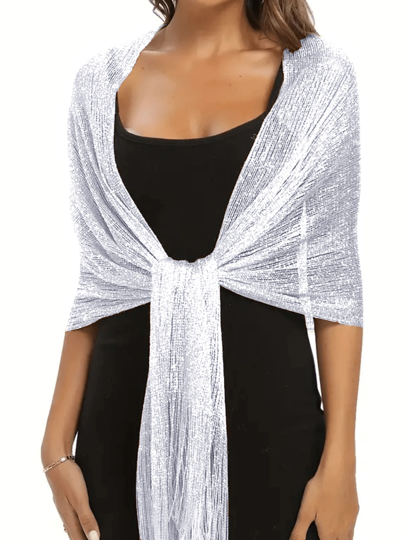 1 件白色闪亮金属披肩，优雅薄透气流苏围巾，女士派对宴会礼服外披肩 - 白色 - 查看 1