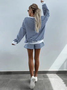 2 Pieces Set Fashion Stripe V-Neck Long Sleeve Loose Comfortable Top   Elastic Waistband Comfortable Shorts Casual Outing Home Clothes Set - Màu xanh lam - Xem 3