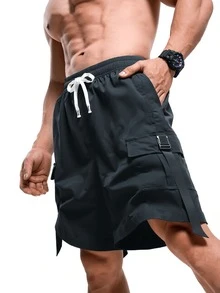 Men's Casual Cargo Shorts With Drawstring Waist, Suitable For Summer Outdoor Wear - Black - View 6