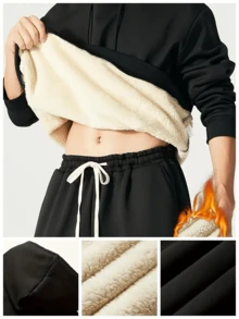 男士时尚运动衫，男士纯色简约套头衫秋冬羊羔绒内衬保暖连帽运动衫 - 黑色 - 查看 3