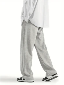Unisex Wide Leg Pants WithDrawstring Waist, Solid Color CasualPants With Elastic Waist And PocketsSuitable For Four Seasons, Perfect ForEveryday Wear - Xám - Xem 3