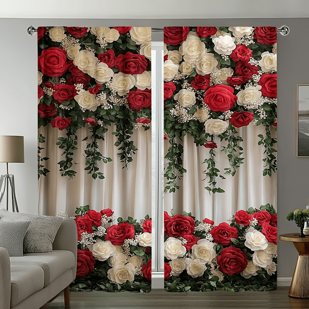 2pcs Elegant Red & White Rose Floral Print Curtains - Rod Pocket Design For Living Room, Bedroom, Kitchen & Office Decor, Bohemian Style, Polyester Fabric(Rod Not Included)