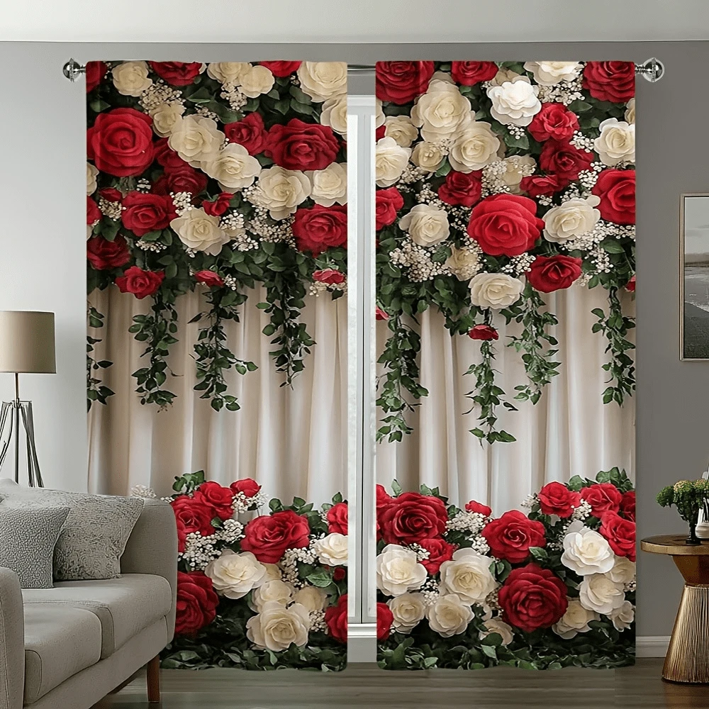 2pcs Elegant Red & White Rose Floral Print Curtains - Rod Pocket Design For Living Room, Bedroom, Kitchen & Office Decor, Bohemian Style, Polyester Fabric(Rod Not Included)
