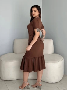 Women's Midi Dress Simple Casual Boho Vintage Ruffle Hem Elegant - 深棕色 - 查看 4