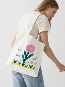 1pc Plant Flower Simple Fashion Canvas Print Handbag Shoulder Bag Tote Bag, Portable Storage Bag, Gift Packaging Bag, Laundry Bag, School Use, Home Decoration, Book Notebook Storage Bag, Snack Bag, Gift Storage Bag, Daily Necessities Storage Bag, Travel Storage Bag, Birthday Gift, Teacher Gift, Back To School Gift, Graduation Gift, Thanksgiving Gift, Christmas Gift, New Year Gift, Gift Essential, Washable And Reusable