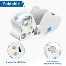 Lupa iluminada de 30X 60X para joyeros, lupa plegable de joyería con luz LED brillante para gemas, joyas, monedas, sellos, etc.