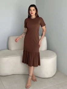 Women's Midi Dress Simple Casual Boho Vintage Ruffle Hem Elegant - 深棕色 - 查看 2