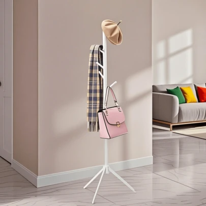 High-Grade Wooden Tree Coat Rack Stand, 6 Hooks, Super Easy Assembly NO Tools Required, 3 Adjustable Sizes Free Standing Hallway Coat Hanger Hat Stand, For Handbag Clothes & Accessories - Natural Wood