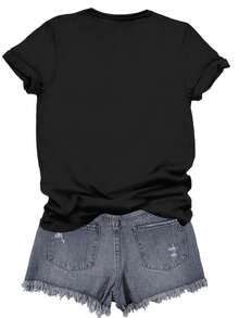 Plus Size Women's Round Neck Strawberries Pattern Short Sleeved T-Shirt - Black - View 2