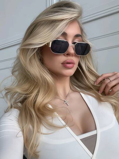 1pc Unisex Classic Solid Color Vintage Copper Alloy Fashion Metal Hinges Retro Luxury Chic Rectangular Frame Glasses, Suitable For Driving, Vacation