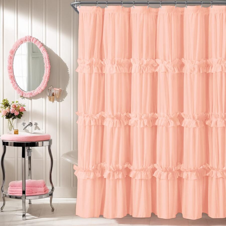 1pc Handmade Pleated Shower Curtain, Solid Peach Color With Ruffle Trim, 72*72inch Bathroom Decor - Multicolor - View 1