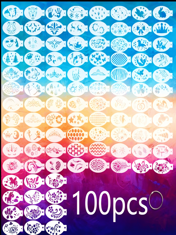 100 Stücke Gesichtsbemalung Schablonen Set in verschiedenen Größen, Gesichtstätowierungs-Schablonen, Körperschminke Malvorlagen zum selbermachen für Gesichtsbemalung an Feiertagen wie Weihnachten, Halloween, Partys, Schulmaterialien