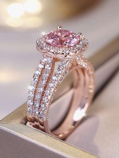 1 件优雅玫瑰金镀金戒指，镶嵌圆形粉色方晶锆石，适合新年、情人节、节日礼物、日常佩戴、闪亮配饰珠宝