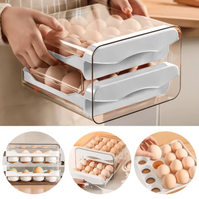 2 Tier 32 Grid Refrigerator Egg Storage Organizer Egg Holder Box Drawer Tray Home Kitchen Storage Organizer Egg Refrigerator Fresh Container Case White Boxes