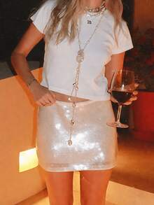 Women Summer Fashion Solid Color Sequin A-Line Mini Skirt For Party, Vacation  Streetwear - 香檳色 - 查看 1
