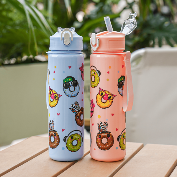 1pc 26OZ Outdoor Sports Water Bottle With Straw, Cute Donut Pattern, With Lock Buckle And Handle For Easy Carrying, Suitable For Daily Commute, Outdoor Sports, Running, Cycling, Various Festivals