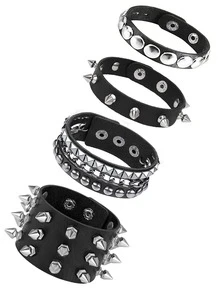 Yanxyad Men'S Punk Rock Studded Bracelet Set, 1/3/4pcs Adjustable Spiked Leather Cuff Bracelets, 80s Emo Style, Faux Leather, Fashion Accessory For Men - Black - View 13