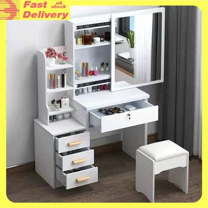 OYAJIA Vanity Desk With LED Mirror And Lights, Makeup Vanity Table Set With Chair, 3 Lighting Colors, Makeup Desk With 4 Drawer And Lots Storage Shelves, Dressing Table For Bedroom, Girls, Women