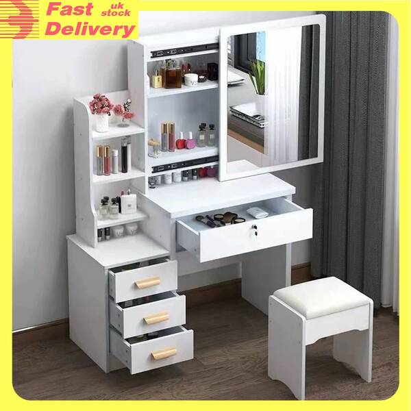 OYAJIA Vanity Desk With LED Mirror And Lights, Makeup Vanity Table Set With Chair, 3 Lighting Colors, Makeup Desk With 4 Drawer And Lots Storage Shelves, Dressing Table For Bedroom, Girls, Women