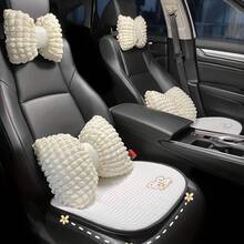 Car Headrest & Lumbar Support Pillow Set, Creative Floral Design Neck Rest And Waist Cushion, Comfortable Car Interior Accessories, For Comfortable Long-Distance Travel, Neck Protection, Waist Protection, Car Puff Detachable And Washable, Suitable All Seasons - Beige - View 3