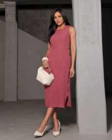 Women's Midi Dress Elegant Casual Buttons Front Simple Button - Rusty Rose - View 3