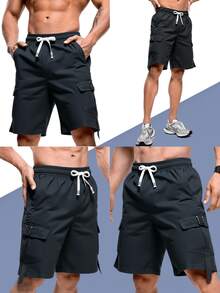 Men's Casual Cargo Shorts With Drawstring Waist, Suitable For Summer Outdoor Wear - Black - View 8