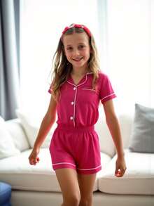 Tween Girl Pink Single-Breasted Short Sleeve Top And Shorts Pajama Set - Multicolor - View 6