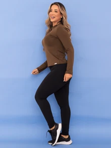 Thermal Sports Set Top Second Skin Pants Leggings Plush Fitness Women's Winter Legging Plush Flannel Tarelles - 棕色/黑色 - 查看 2