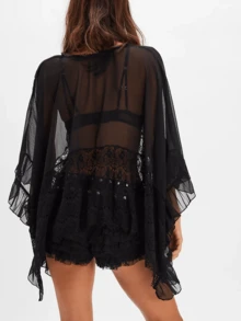 Womens Y2K Lace Patchwork Frill Poncho Tops Solid Color See Through Batwing Sleeve V Neck Ruffle Hem Loose Fit Sheer Mesh T Shirts Blouses Boho Peplum Shawl Shirts Summer Going Out Tops Beach Cover Up Vacation Streetwear - 黑色 - 查看 2