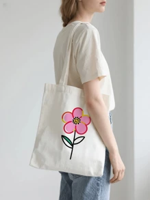 1pc Plant Flower Simple Fashion Canvas Print Handbag Shoulder Bag Tote Bag, Portable Storage Bag, Gift Packaging Bag, Laundry Bag, School Use, Home Decoration, Book Notebook Storage Bag, Snack Bag, Gift Storage Bag, Daily Necessities Storage Bag, Travel Storage Bag, Birthday Gift, Teacher Gift, Back To School Gift, Graduation Gift, Thanksgiving Gift, Christmas Gift, New Year Gift, Gift Essential, Washable And Reusable