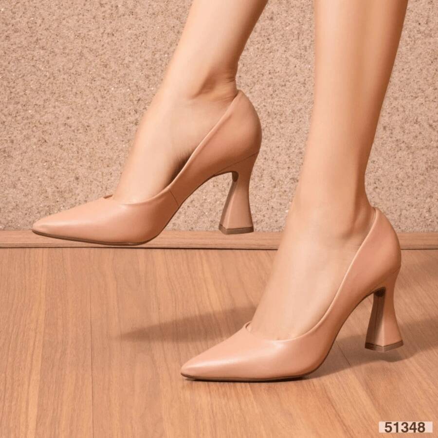 Classic Pump, Thick Geometric  Heel, Medium Patent Leather Heel, Pointed Toe Pump - NudeFosco - View 1