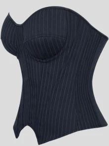 女士优雅藏蓝色细条纹束身胸衣，带条纹模压罩杯，无肩带贴身塑形上衣，哥特维多利亚风格塑身衣，时尚束身胸衣，适合日常和特殊场合穿着 - 藏蓝色 - 查看 4