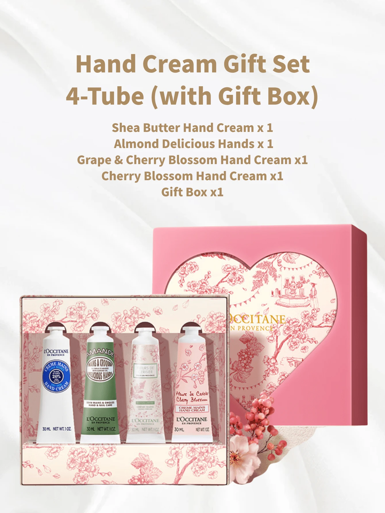 L'Occitane 4-Piece Hand Cream Gift Set - Grape, Cherry Blossom, Shea Butter, Sweet Almond, Suitable For All Skin Types, Fragrant Moisturizing Hand Care Gift Box - Green Grape + Cherry Blossom + Shea Butter + Sweet Almond - View 1