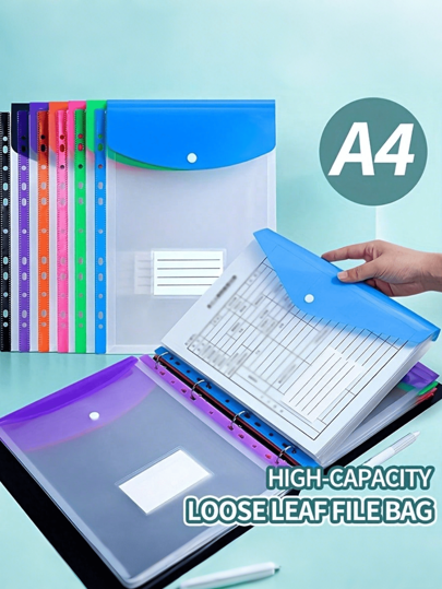 12pcs A4 Large Capacity Loose-Leaf File Folders, With 11-Hole Binder Rings, Made Of Modern PP Material, Expandable Button And Label Pockets, Suitable For School, Home, Office, Attendance, Travel - Portable Design, Back To School, School Supplies