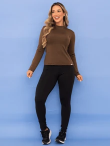 Thermal Sports Set Top Second Skin Pants Leggings Plush Fitness Women's Winter Legging Plush Flannel Tarelles - 棕色/黑色 - 查看 3