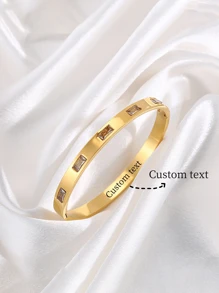 1pc Fashionable 18K Stainless Steel Single Row Cubic Zirconia Engraved Wide Cuff Bracelet, Suitable For Women As Daily & Festival Gift
