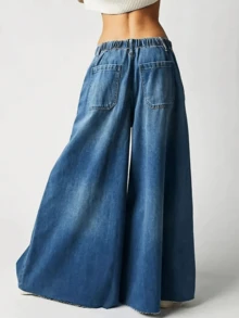 Women's Casual Versatile High Waist Wide Leg Loose Fit Denim Jeans - 藍色 - 查看 2