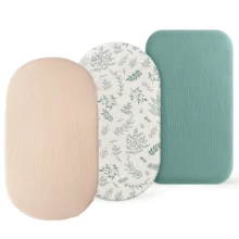 3件套通用尺寸婴儿摇篮床单，透气弹力舒适贴合，适用于椭圆形、矩形摇篮床垫，尺寸33英寸x17英寸 - 杏色+綠色花+鼠尾綠 - 查看 1