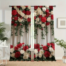 2pcs Elegant Red & White Rose Floral Print Curtains - Rod Pocket Design For Living Room, Bedroom, Kitchen & Office Decor, Bohemian Style, Polyester Fabric(Rod Not Included)